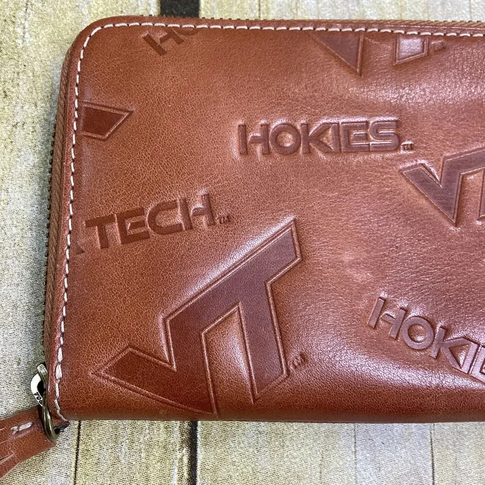 VT Hokies JML Embossed Cowhide Leather Wallet Brown Virginia Tech Zip Around